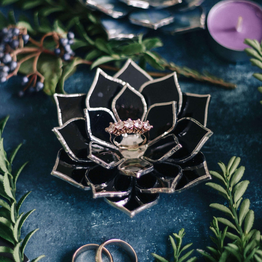 black succulent wedding ring dish