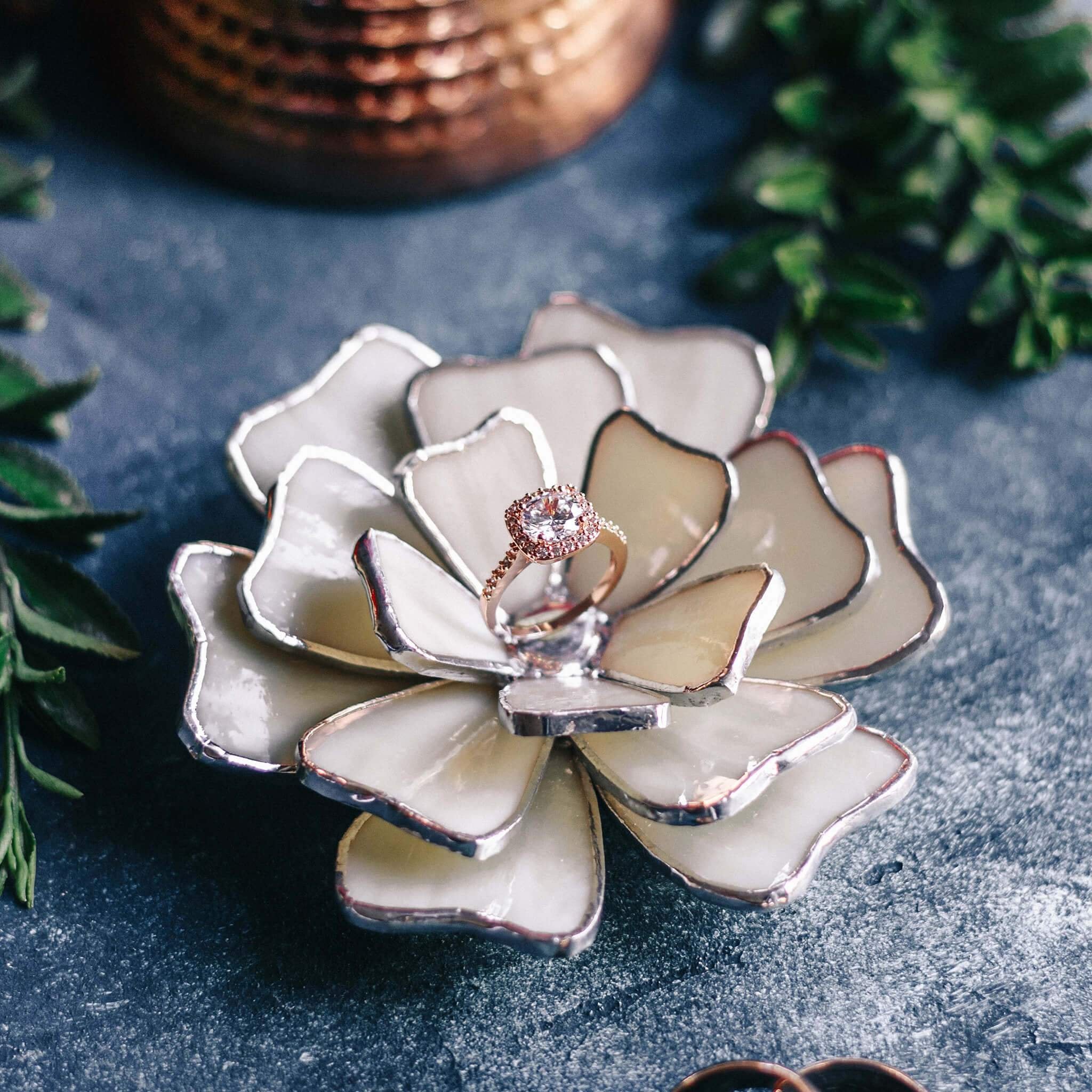 Glass Flower Ring Dish | Engagement & Wedding Ring Dish by Waen