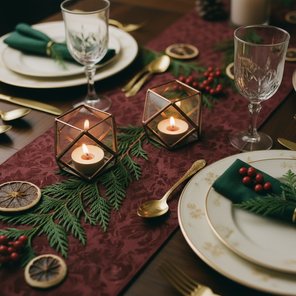 Copper cuboctahedrons beside vintage place settings