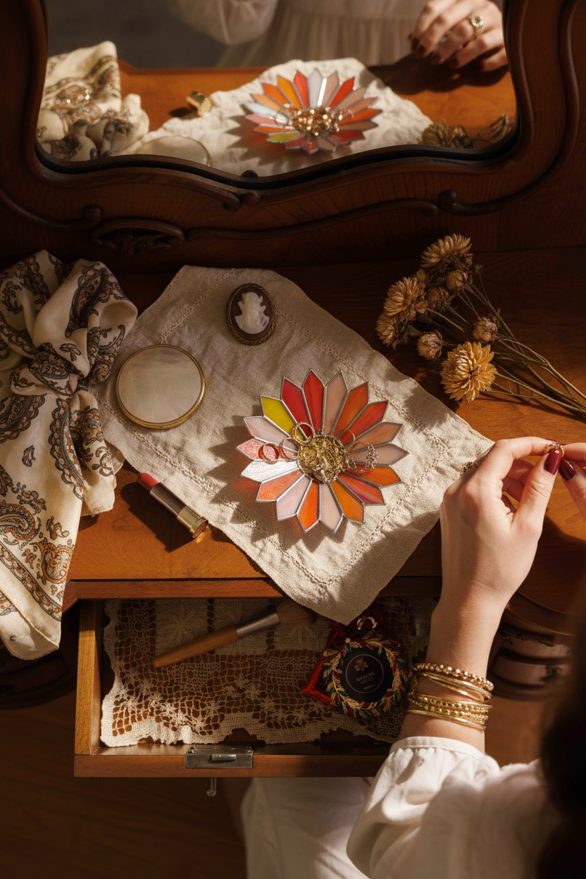 handmade glass ring dish with jewelry on vintage table with dried flowers, romantic aesthetic decor piece. woman placing jewelry into stained glass ring dish on fabric surface, daily vanity ritual jewelry holder