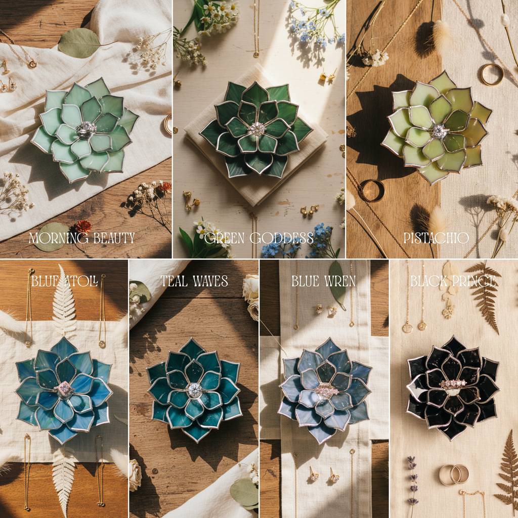Collection of handmade stained glass succulent and flower ring dishes in multiple color options including blush, ivory, sage green, teal, blue, lilac, and deep red; arranged as a color palette guide for choosing a ring holder, ideal for matching wedding themes, engagement styling, personalized gifts, and curated bridal flat lay sets.