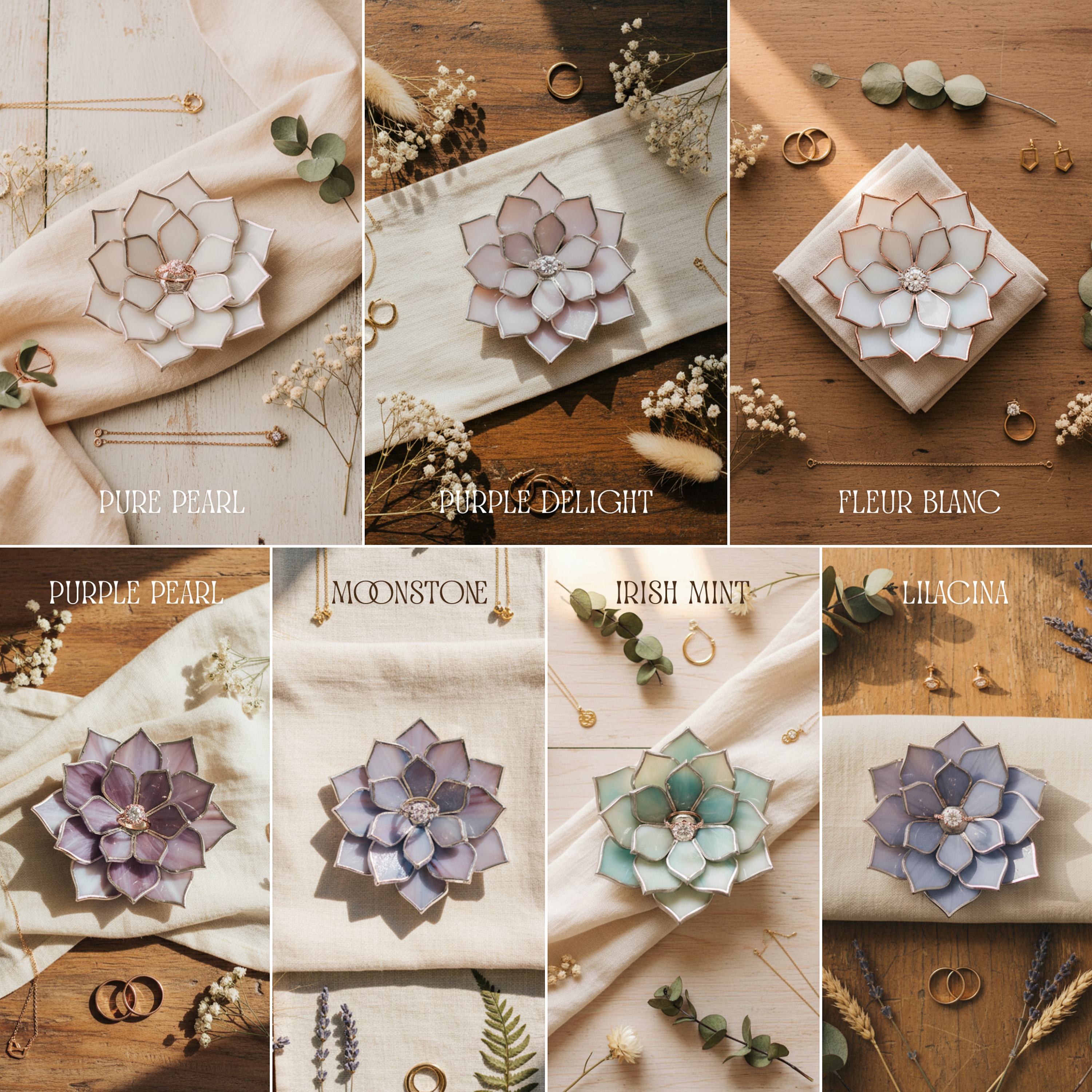 Collection of handmade stained glass succulent and flower ring dishes in multiple color options including blush, ivory, sage green, teal, blue, lilac, and deep red; arranged as a color palette guide for choosing a ring holder, ideal for matching wedding themes, engagement styling, personalized gifts, and curated bridal flat lay sets.