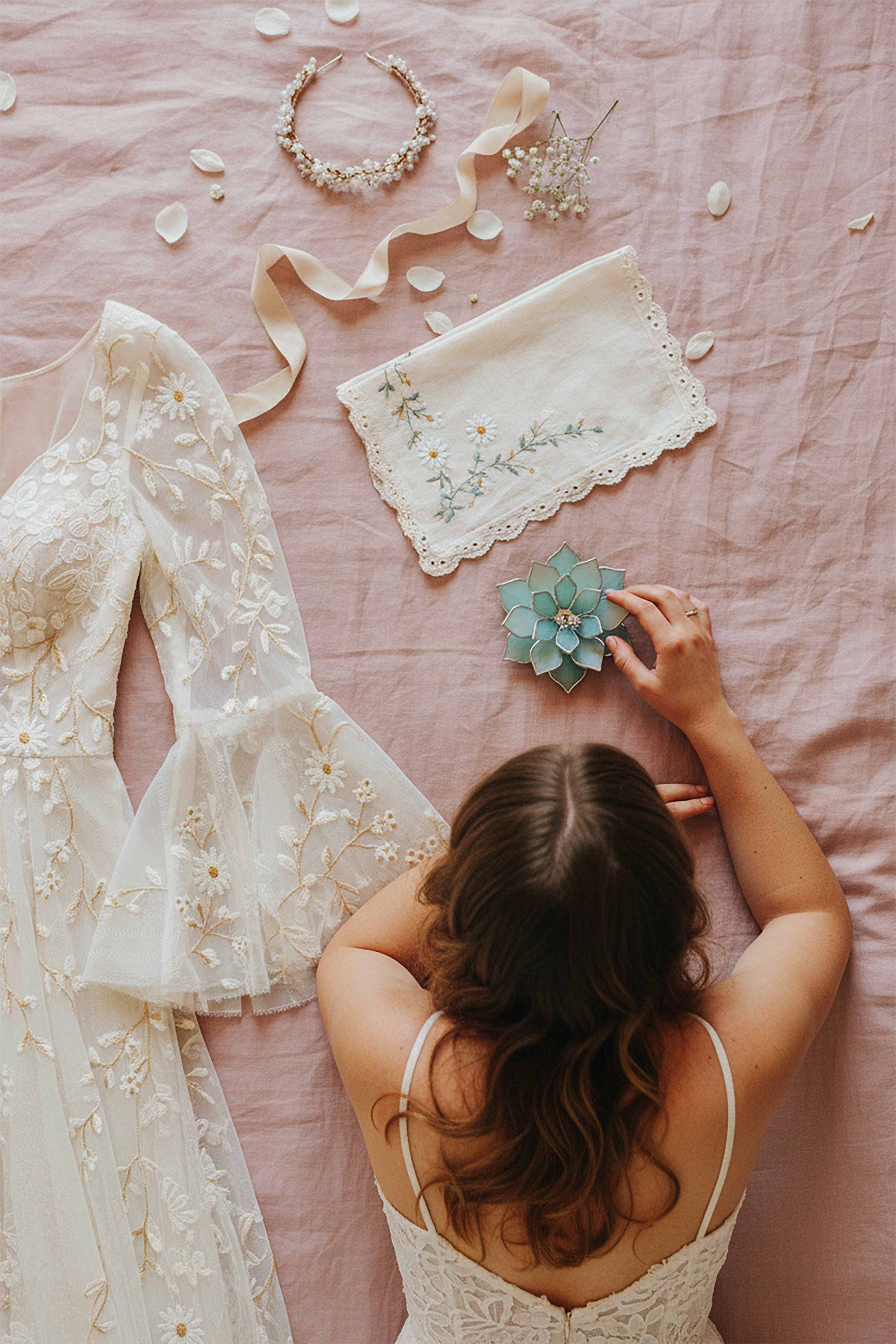 Bride getting ready flat lay scene with embroidered lace wedding dress, floral hair accessory, ribbon, and delicate handkerchief on soft blush fabric; bride holding a handmade stained glass succulent ring dish in sage green with silver edges, used as a ring holder for engagement, wedding ceremony styling, bridal morning details, and romantic heirloom gift.