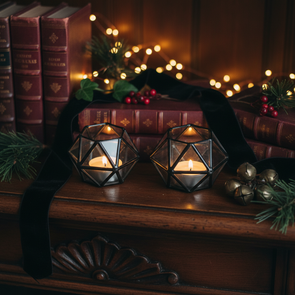 Black geometric pair on library mantel