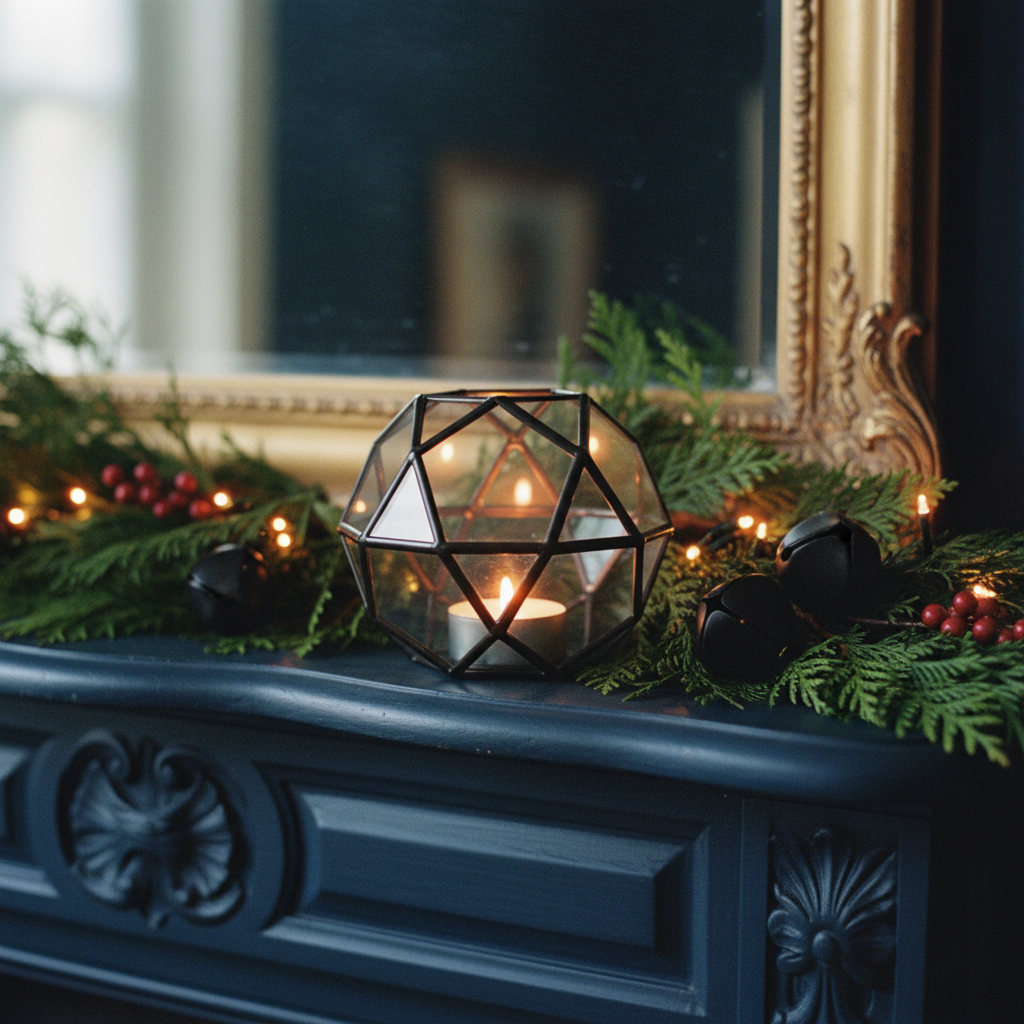Black patina geometric holder on blue mantel