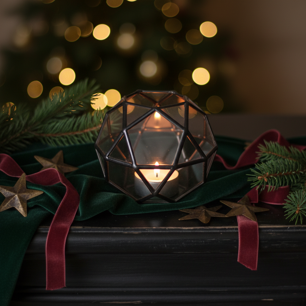 Black patina geometric holder on forest mantel