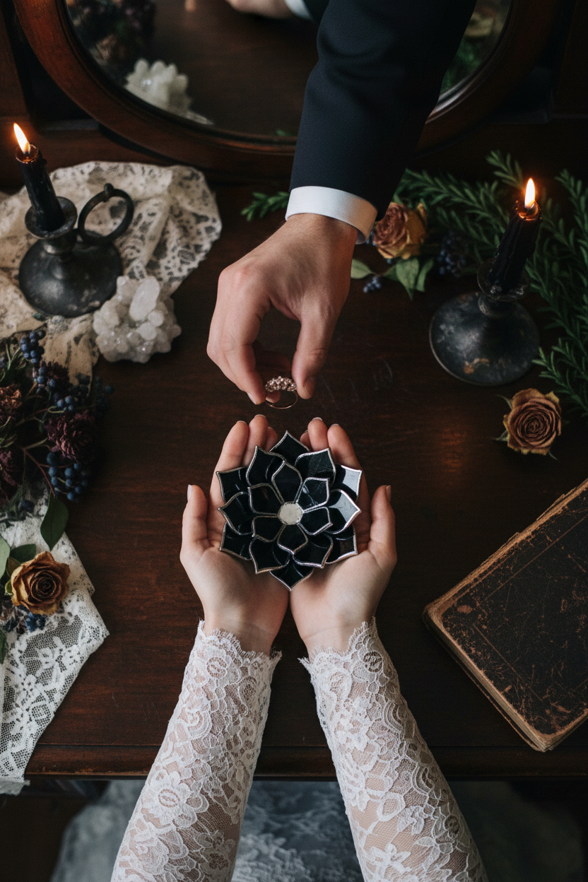 bride holding a black  succulent shaped ring holder dish on a wooden table with candles and flowers. groom putting a ring into the dish.