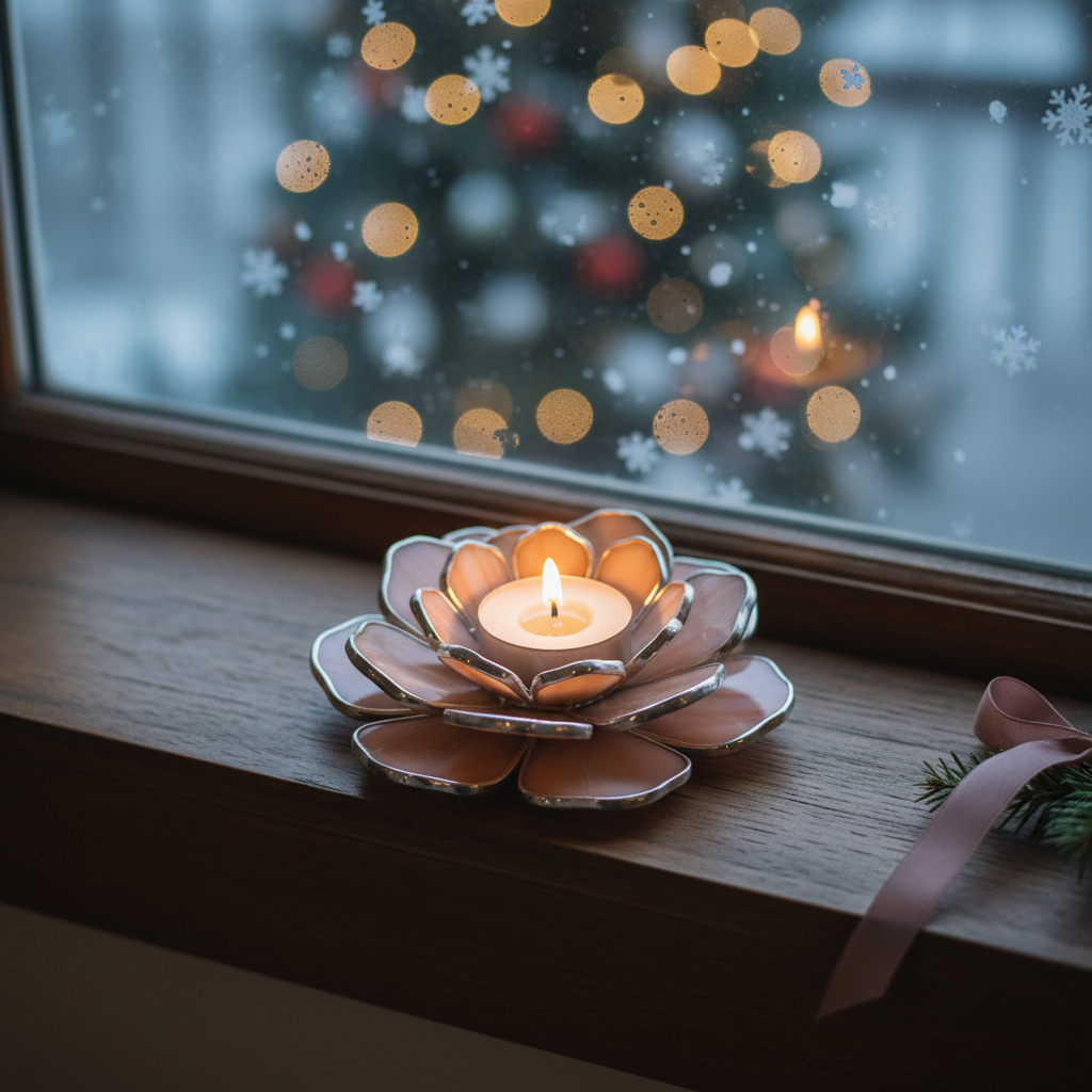 Blush flower candle holder by winter window