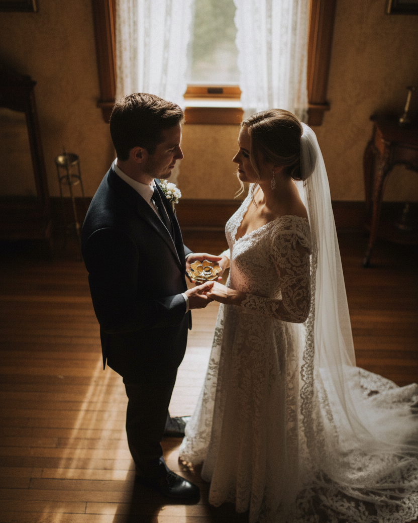 Couple in wedding attire standing in a room with sunlight filtering through curtains. The bride is holding a flower shaped glass ring bearer dish.