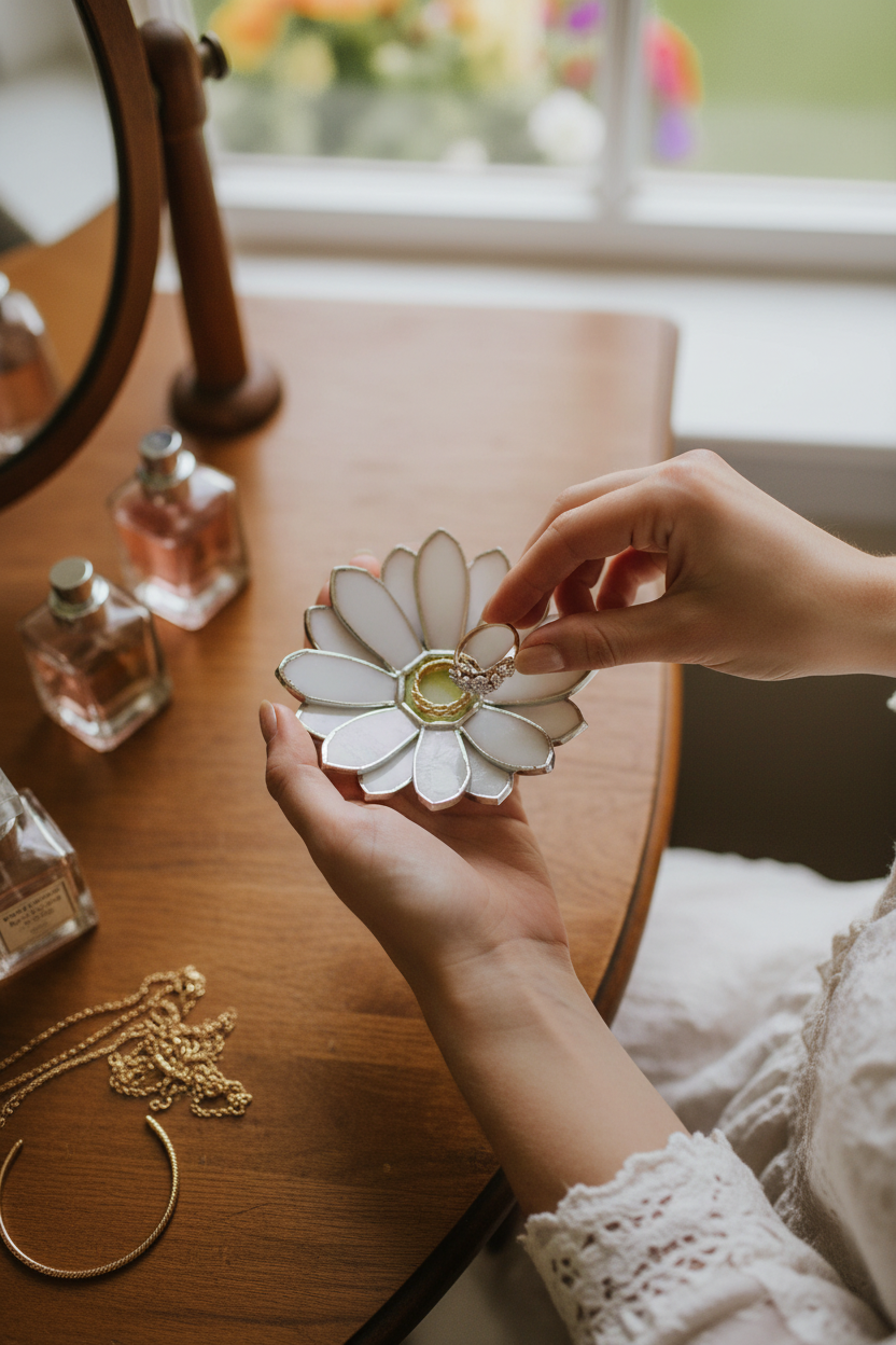 Daisy Ring Holder • Vanity Jewelry Dish • Floral Jewelry Tray for Dressing Table