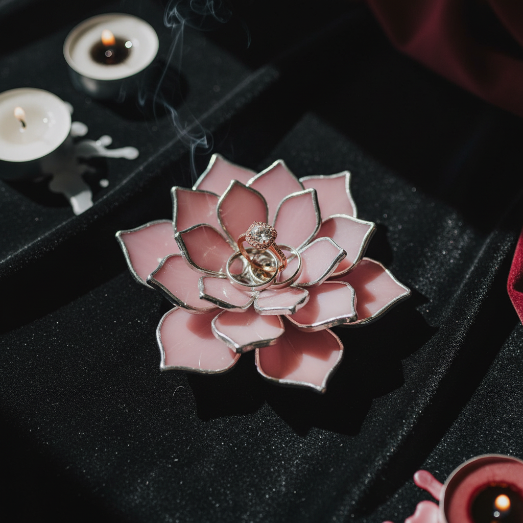 Pink flower-shaped jewelry holder with a ring on a dark surface with candles.