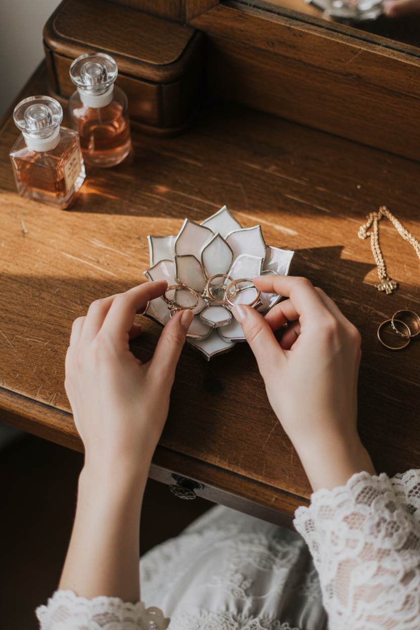Hands placing rings into a handmade stained glass flower ring dish in soft ivory tones with silver edges, set on a wooden vanity with perfume and jewelry; everyday ring holder for organizing engagement and wedding rings, ideal for bedside or dresser decor and a meaningful gift for her.