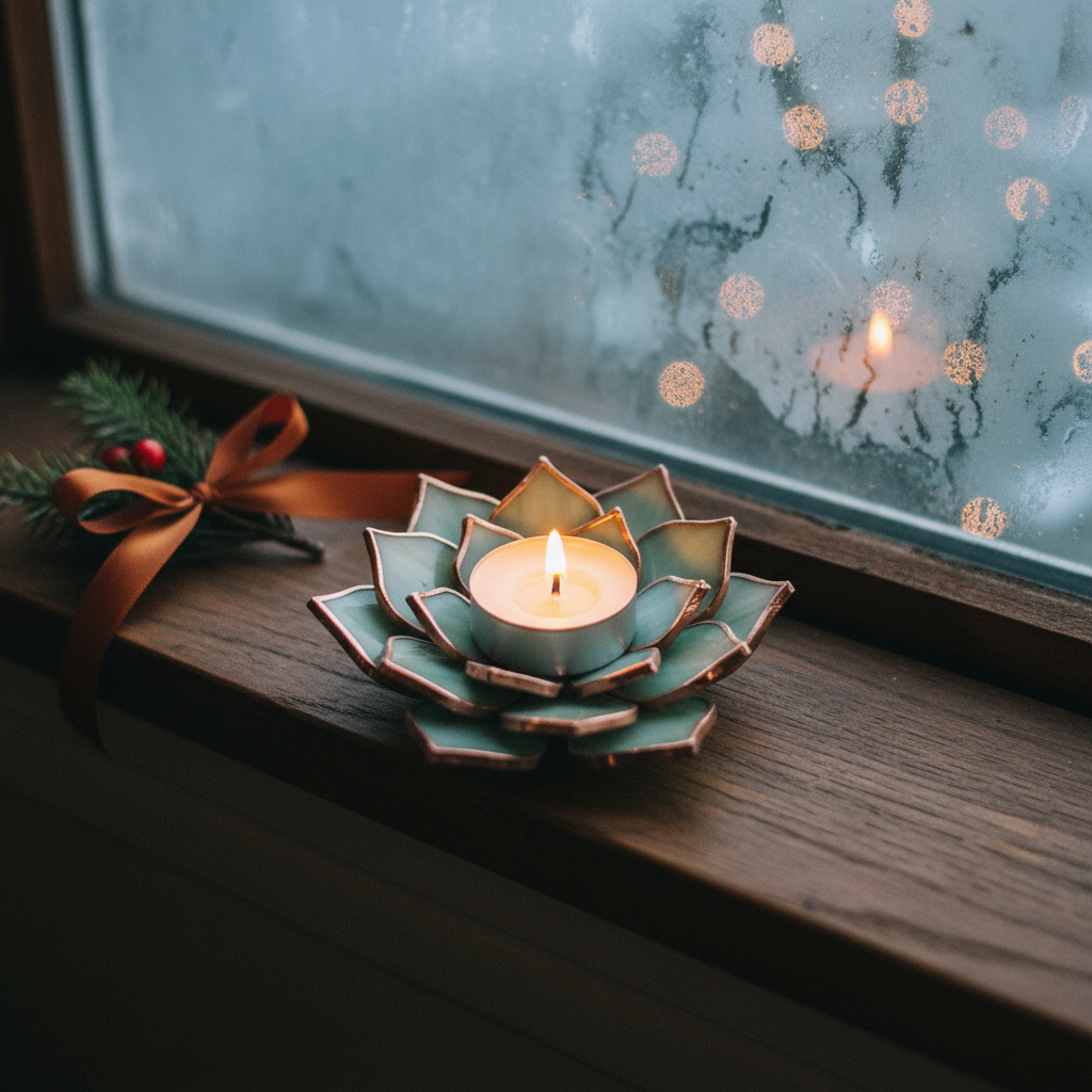 Copper edged mint candle holder by window