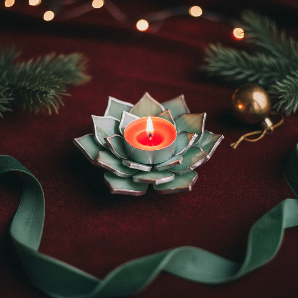 Copper edged mint candle holder on velvet