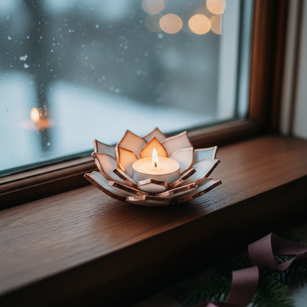 Copper edged Pearl Ivory candle holder by window