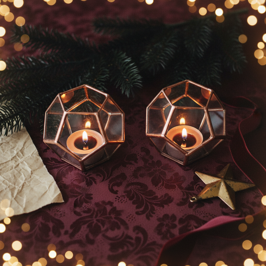 Copper pentagonal holders in dark overhead gift scene