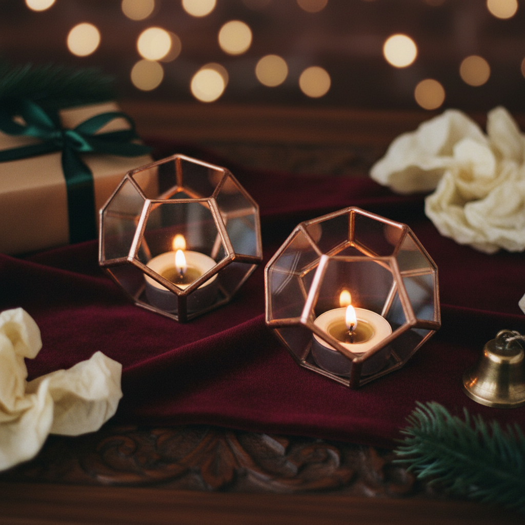Copper pentagonal holders in dark unwrapped gift scene