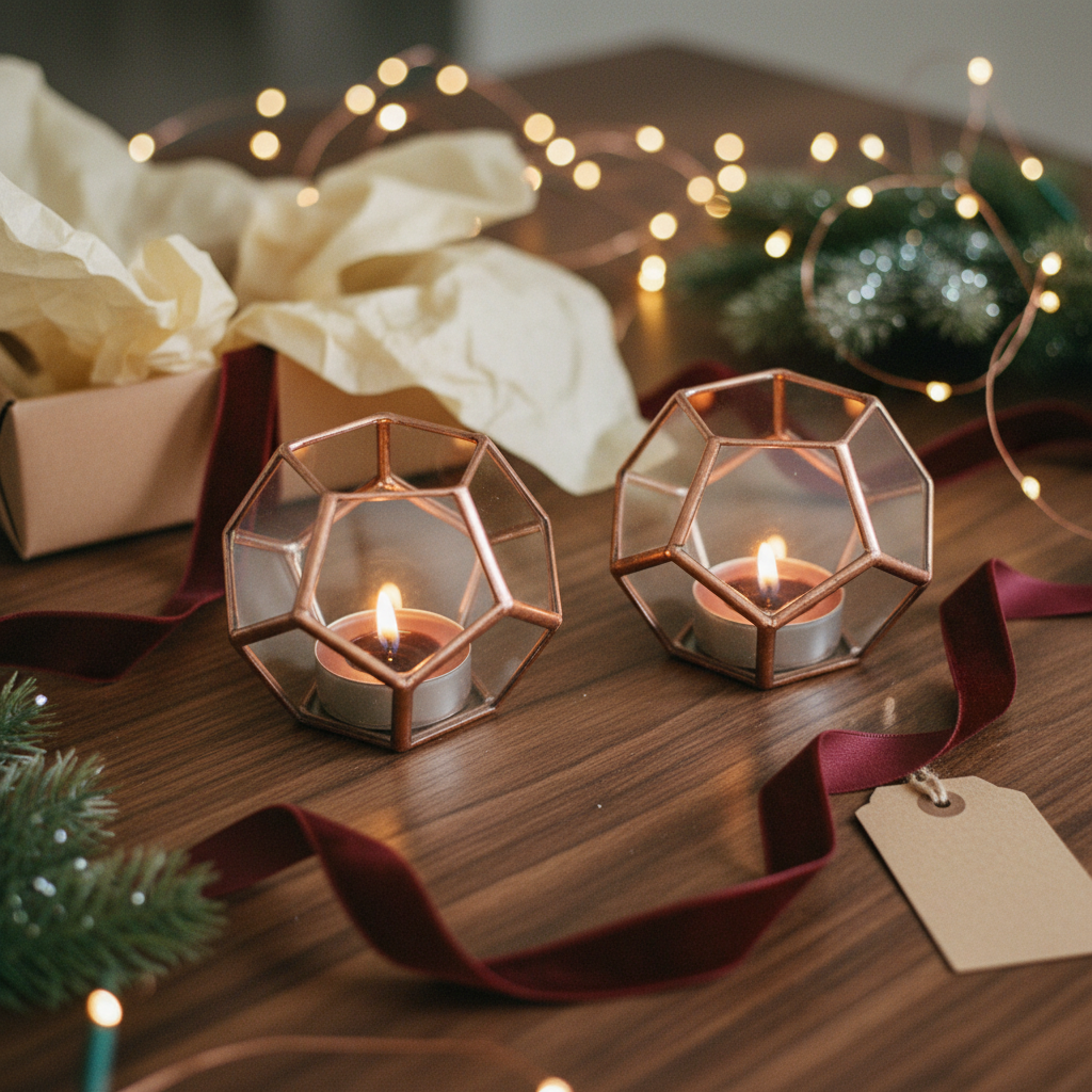 Copper pentagonal holders in unwrapped gift scene