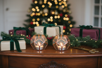 Copper pentagonal holders on Christmas gift table
