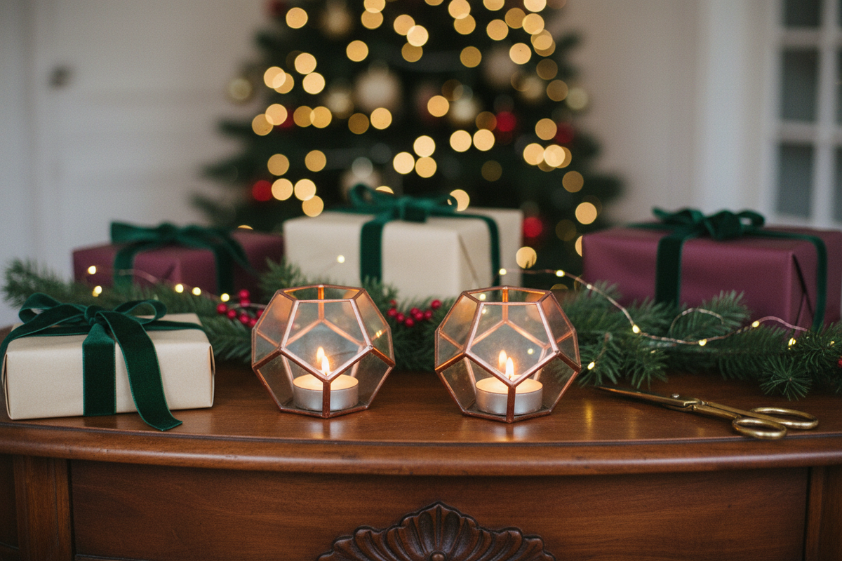 Copper pentagonal holders on Christmas gift table