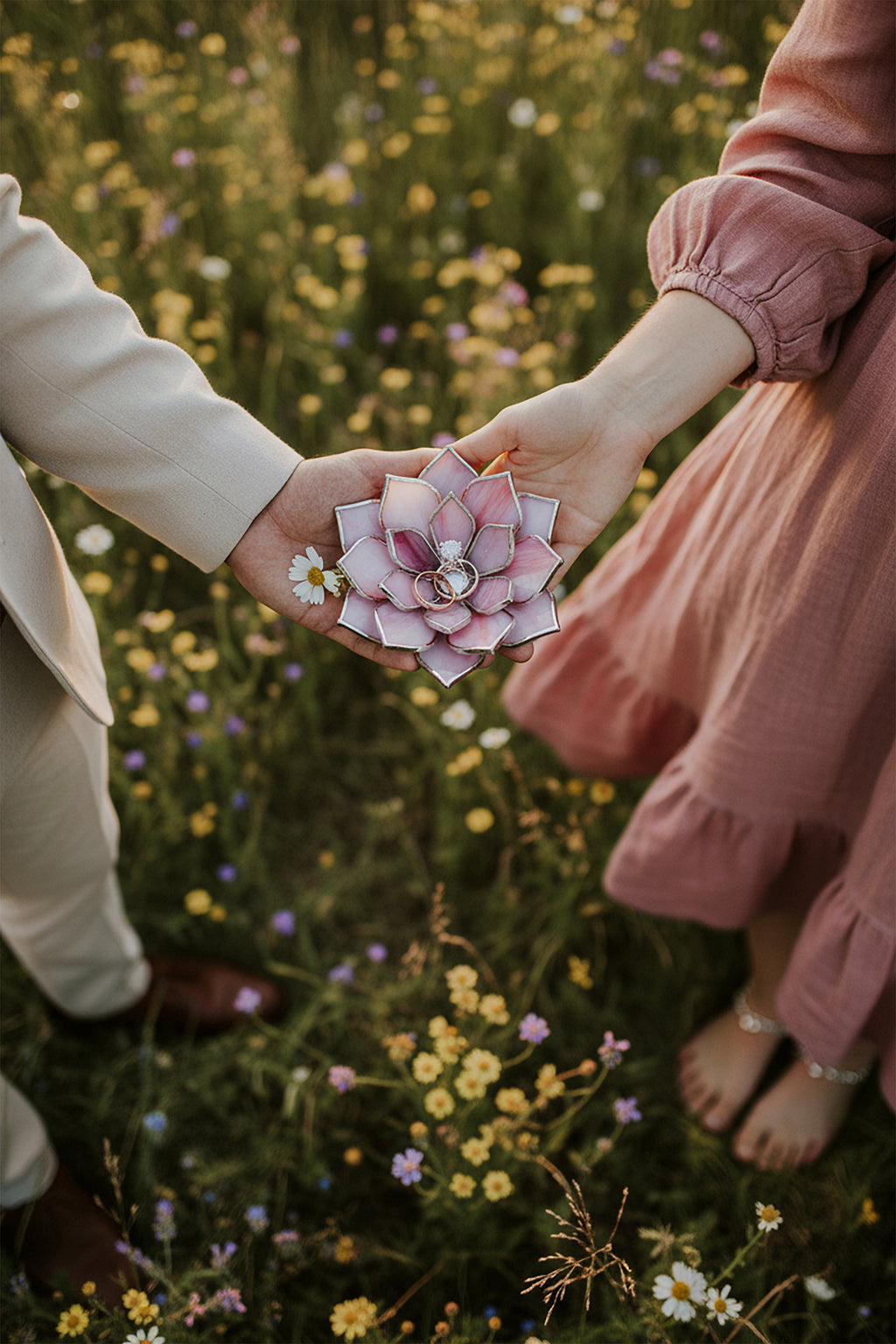 Two people holding hands with a pink flower shaped engagement ring holder against a floral background