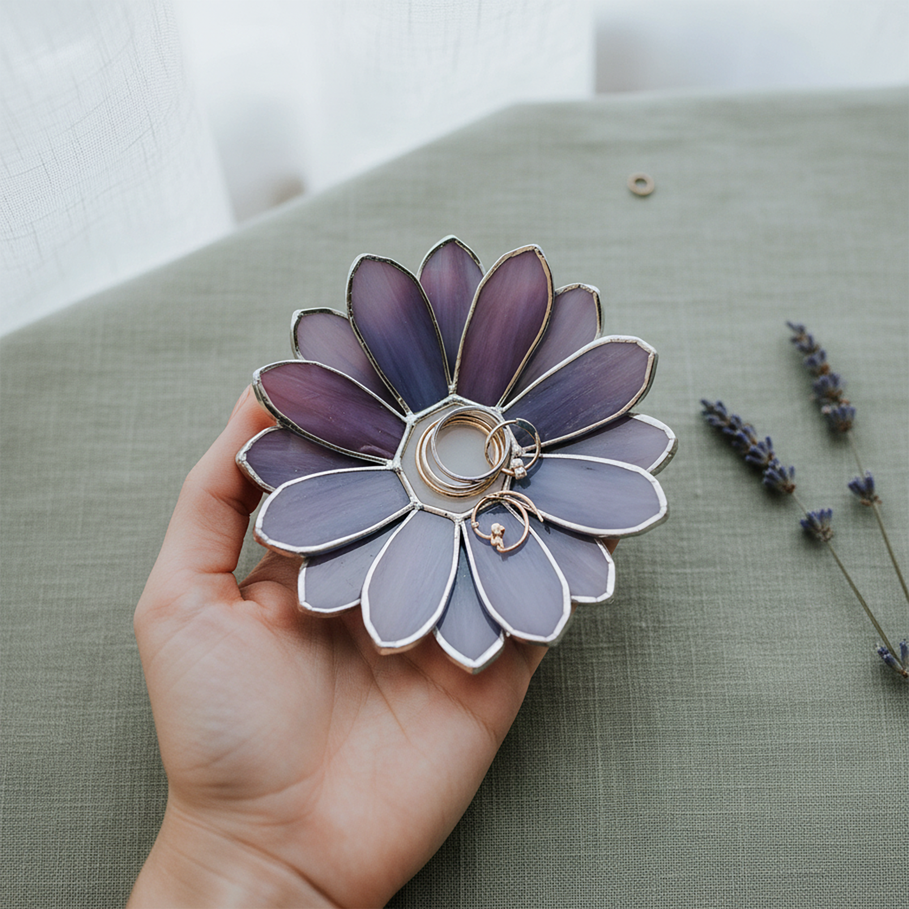 Stained Glass Daisy Jewelry Dish • Handcrafted Floral Ring Holder Tray for Nightstand or Vanity