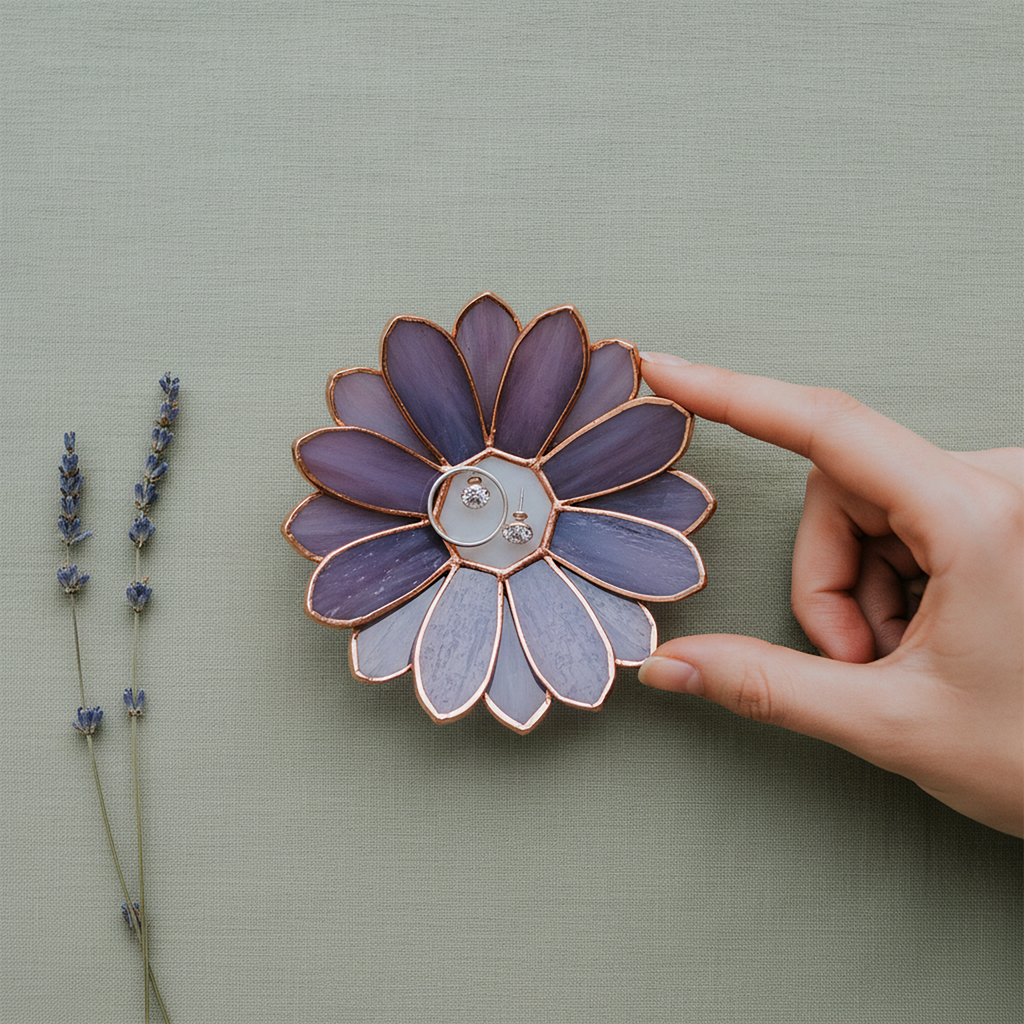 Stained Glass Daisy Ring Holder • Floral Jewelry Dish for Vanity