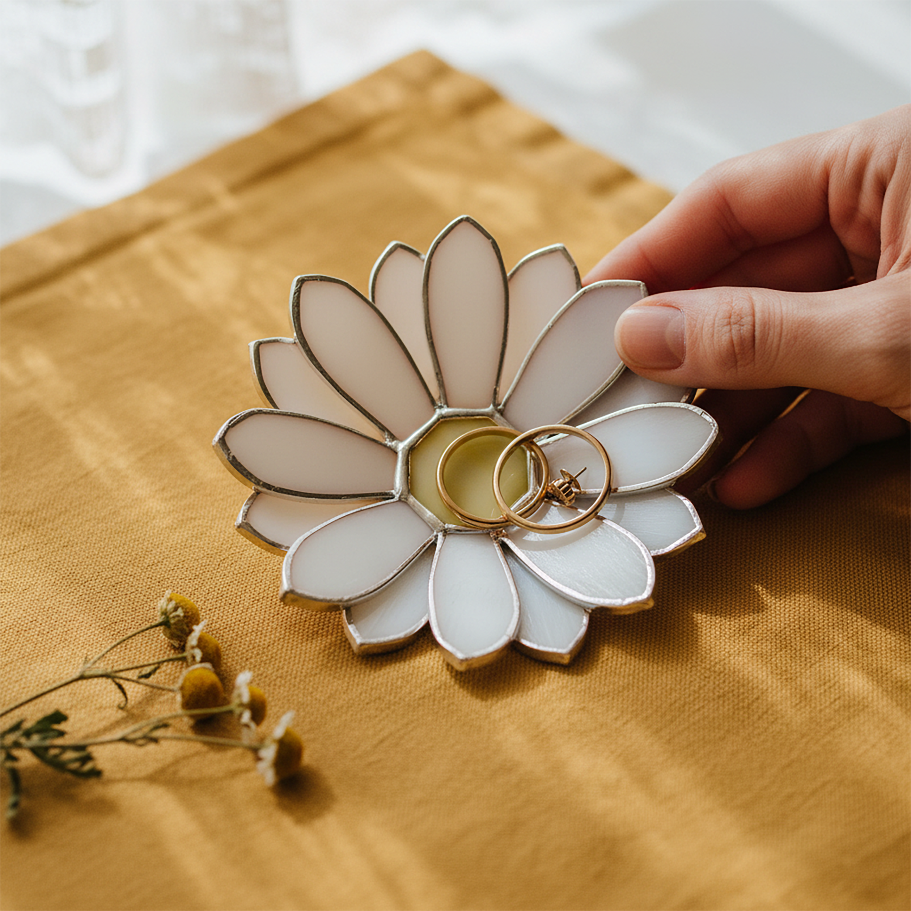 Stained Glass Daisy Jewelry Dish • Handcrafted Floral Ring Holder Tray for Nightstand or Vanity