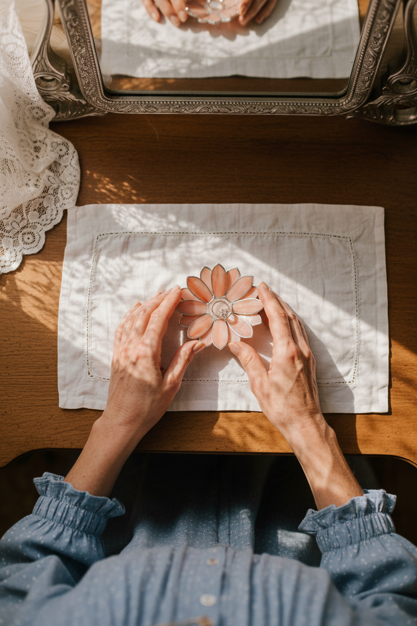 Grandma holding a decorative flower-shaped jewelry dishon a wooden table with a mirror in the background.
