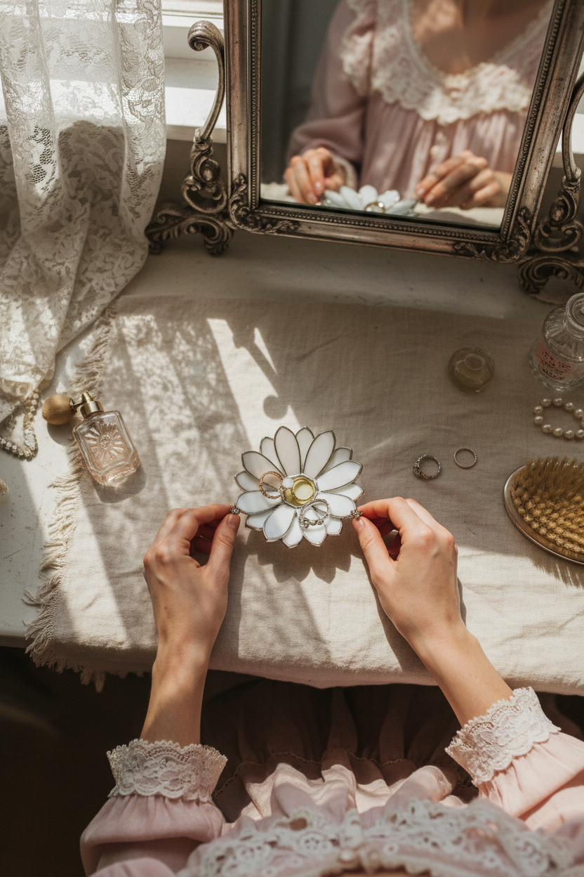 Stained Glass Daisy Ring Holder • Floral Jewelry Dish for Vanity