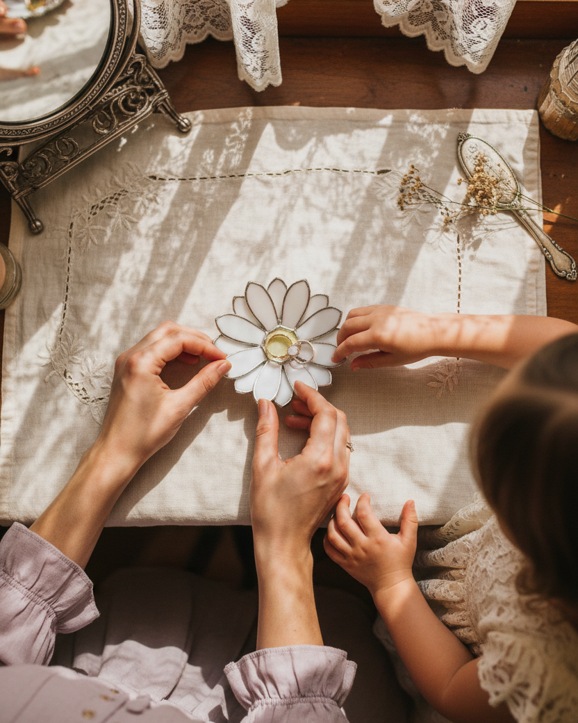 mother and daughter holding  daisy shaped glass ring dish on a vanity table