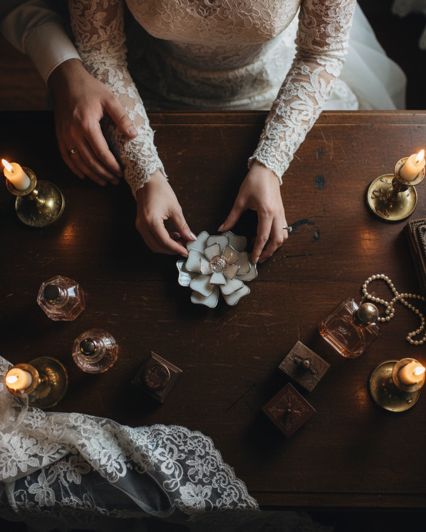 Person in a lace dress arranging wedding rings on flower shaped glass ring dish on a wooden table with candles and bottles.