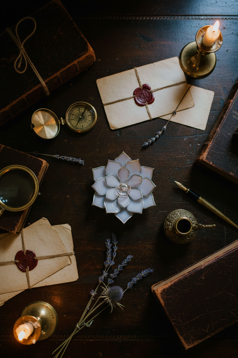 Vintage desk scene with letters, glass flower shaped jewelry dish, candles, and decorative items on a wooden surface