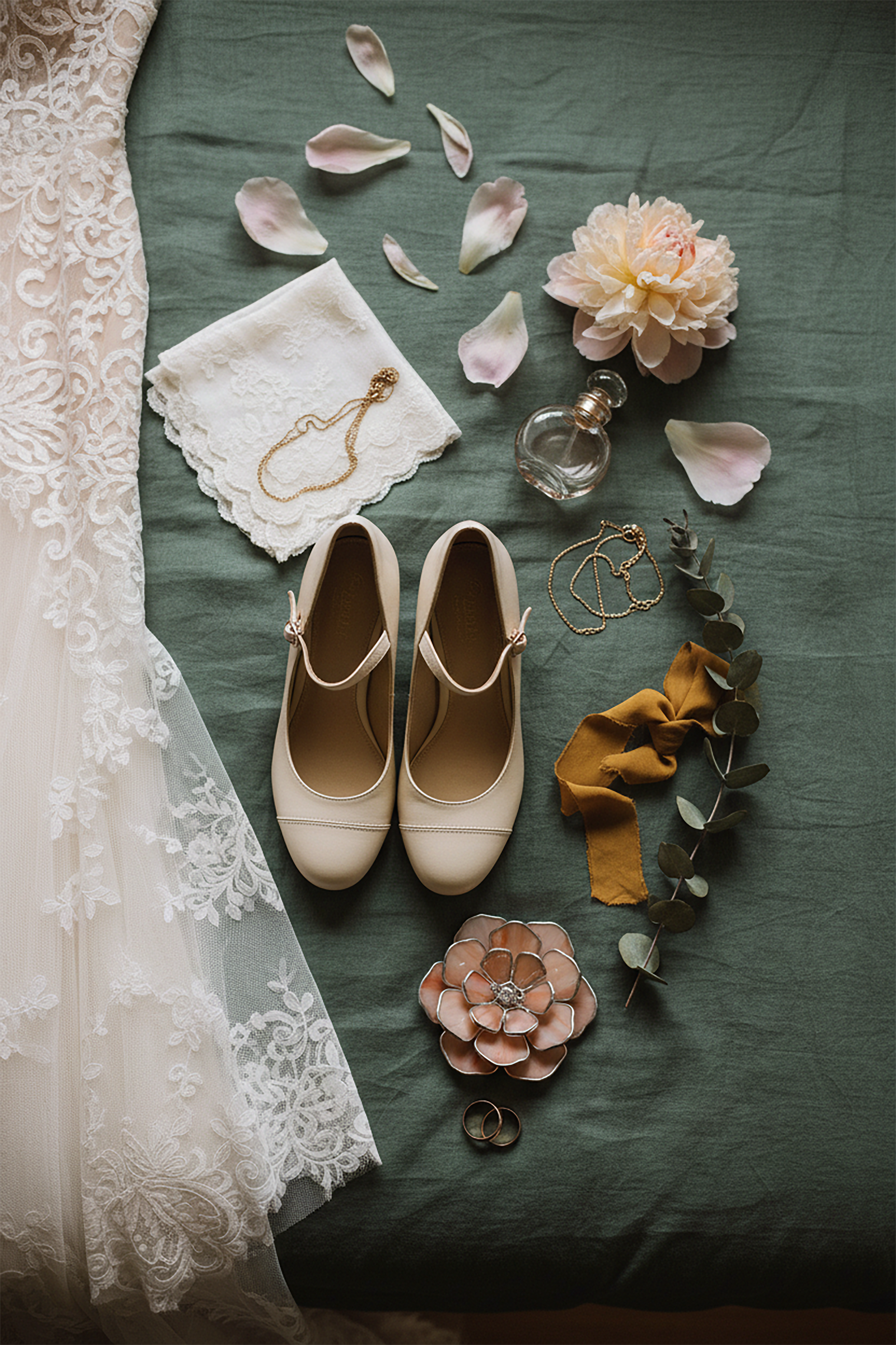 A bridal flat lay featuring a peony shaped blush pink ring holder, light beige vintage shoes and lace wedding gown on a green fabric surface with decorative elements like flowers, perfume bottle and ribbons.