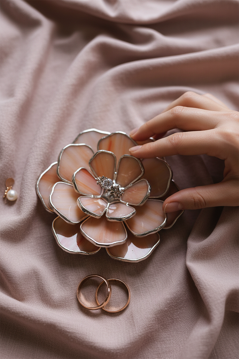 Blush pink stained glass peony ring dish with wedding rings on soft pink fabric