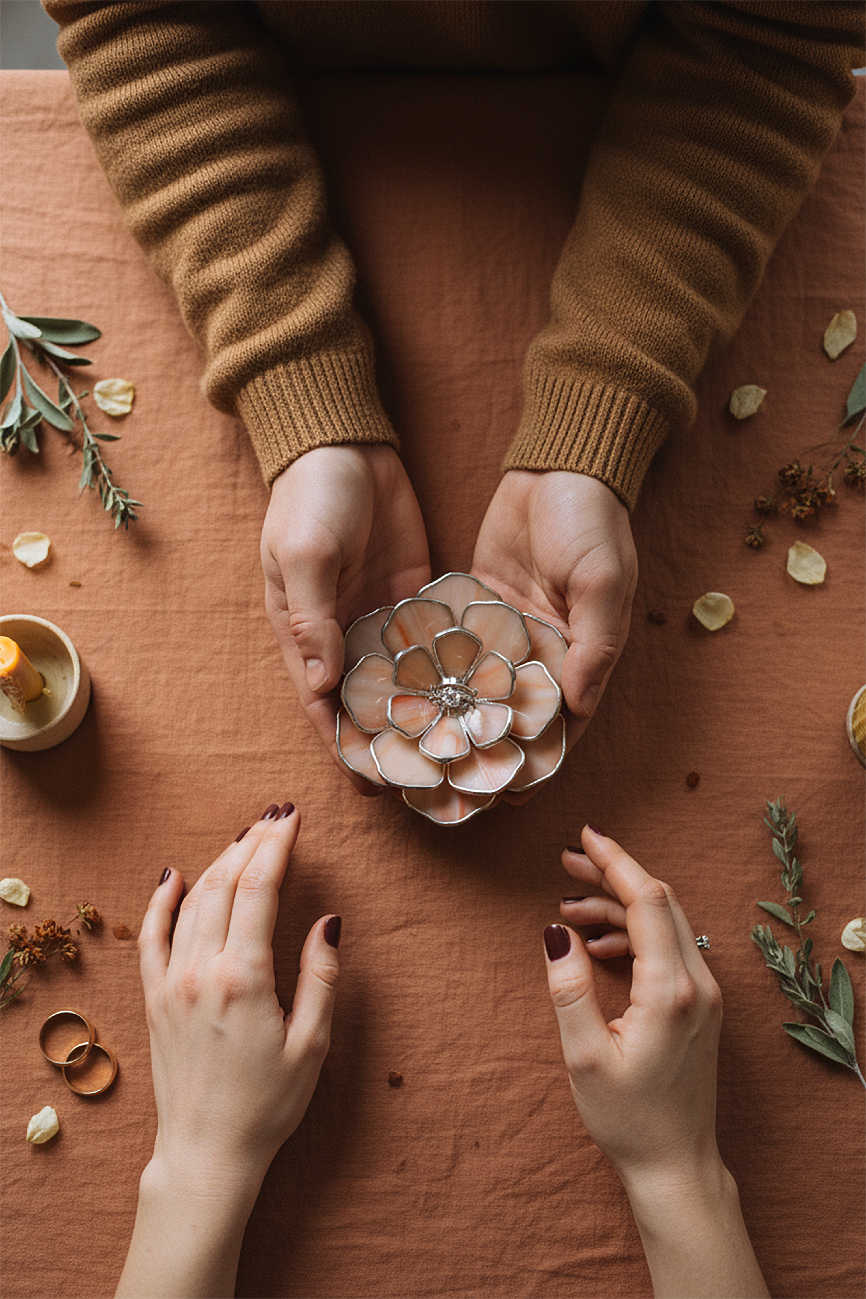 Two pairs of hands holding a decorative flower shaped ring dish on a brown surface with floral elements. Intimate proposal moment.