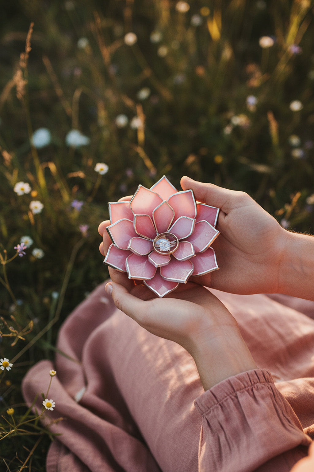 Person holding a pink flower-shaped jewelry holder with a ring inside against a blurred natural background