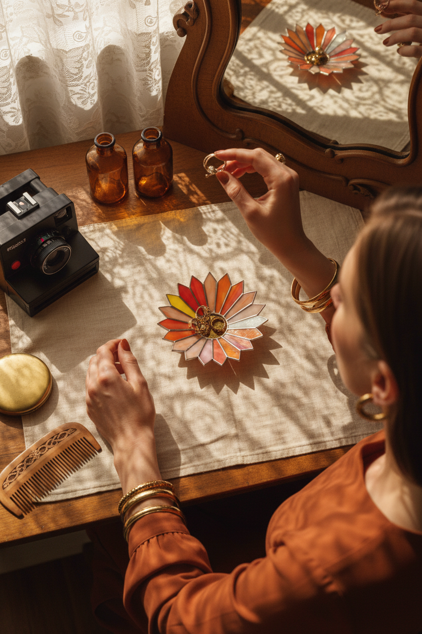 woman placing rings into stained glass flower ring dish on vintage vanity table with mirror reflection, warm aesthetic jewelry holder scene