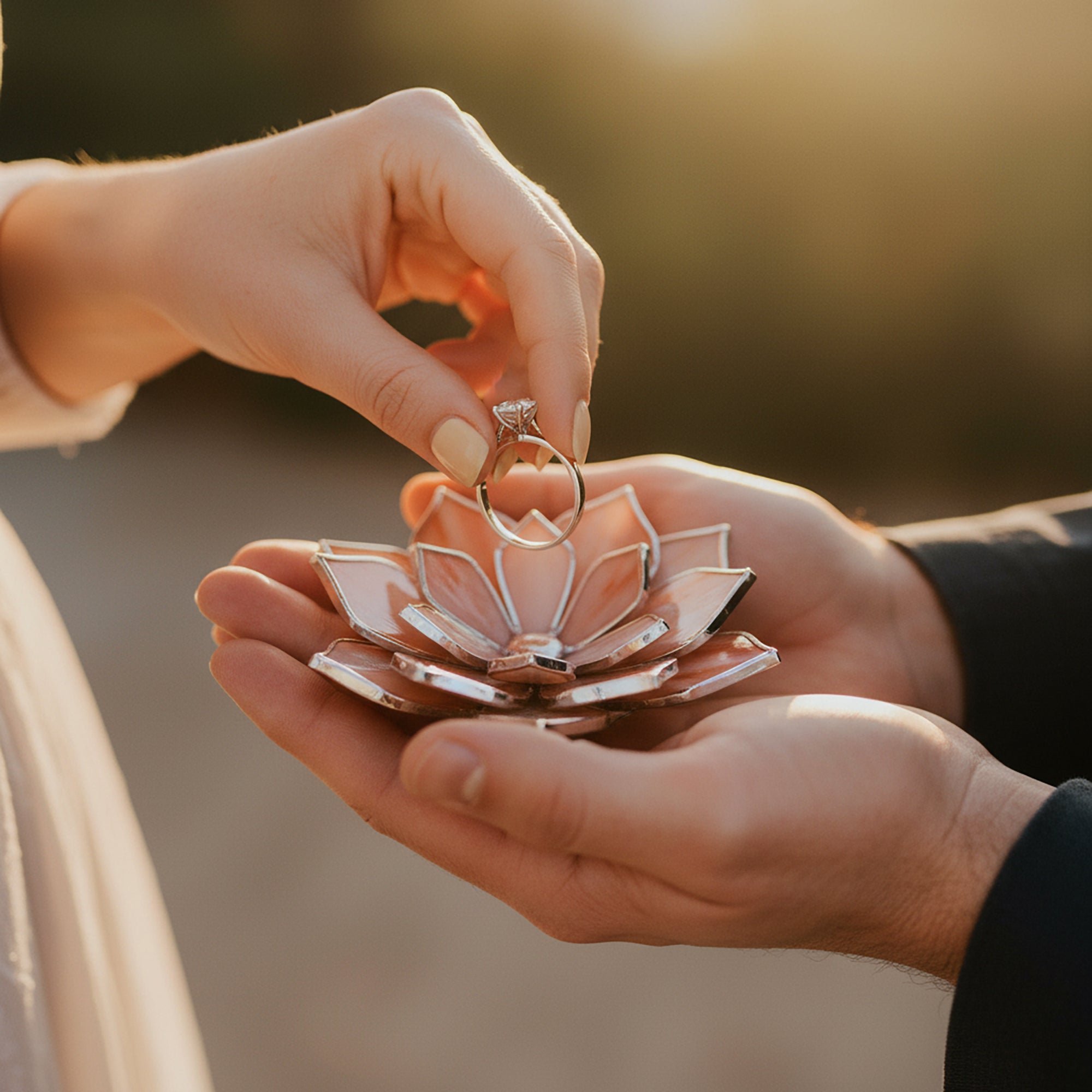 Two hands holding a lotus-shaped ring holder with a ring on it against a blurred background.