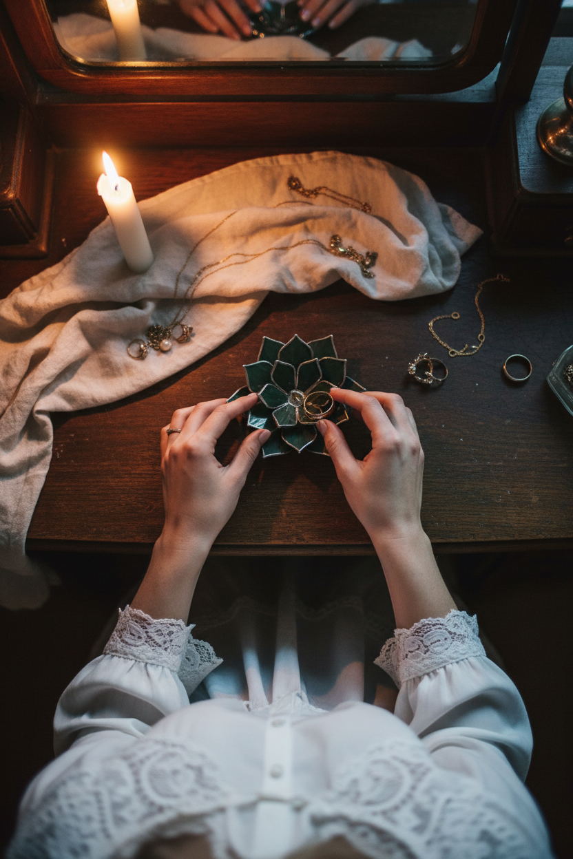 Stained Glass Ring Dish • Romantic & Dark Academia Vanity Decor • Floral Nightstand Jewelry Dish