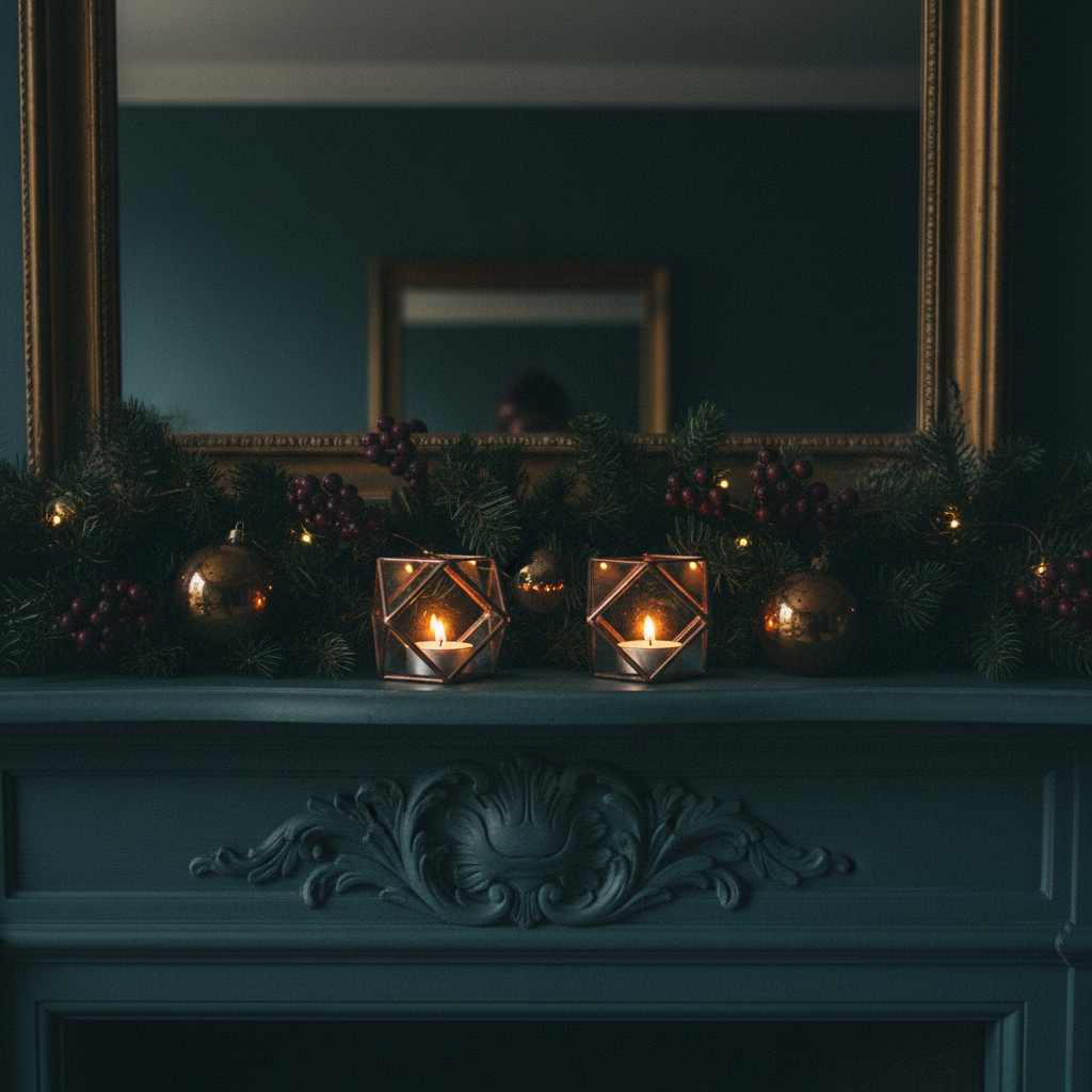 Equal size cuboctahedron set on midnight teal mantel