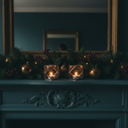 Equal size cuboctahedron set on midnight teal mantel
