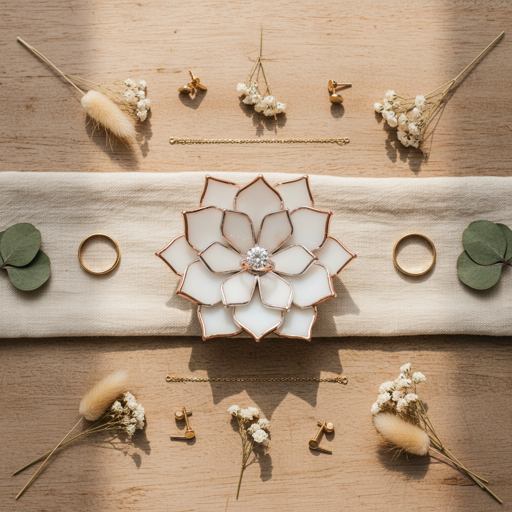 Wedding details shot with a flower-shaped ring holder and rings and earrings on a wooden surface with dried flowers and leaves.