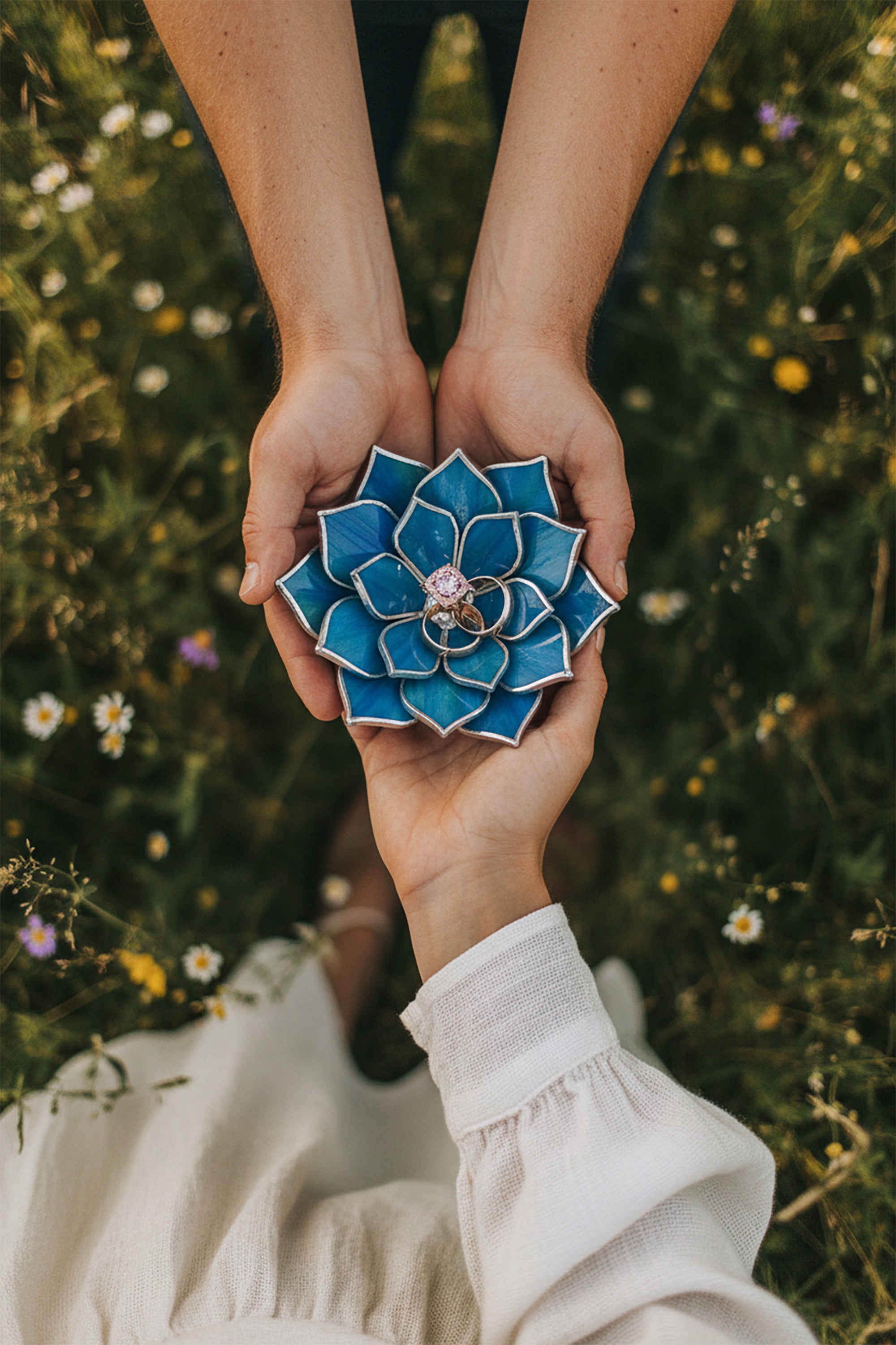 Person holding a blue glass flower ring holder with a pink center against a natural background