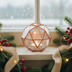 Geometric candle holder by bright snowy window