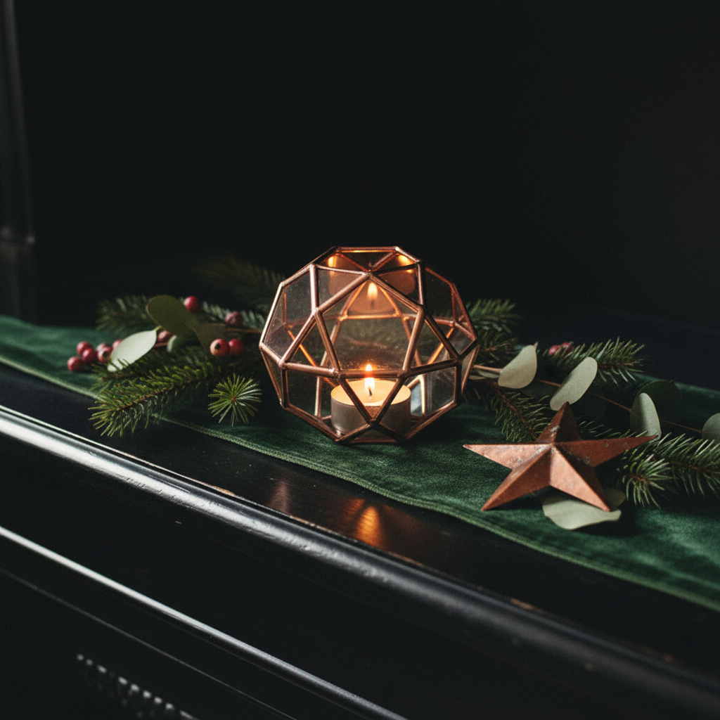 Geometric candle holder on blackened wood mantel