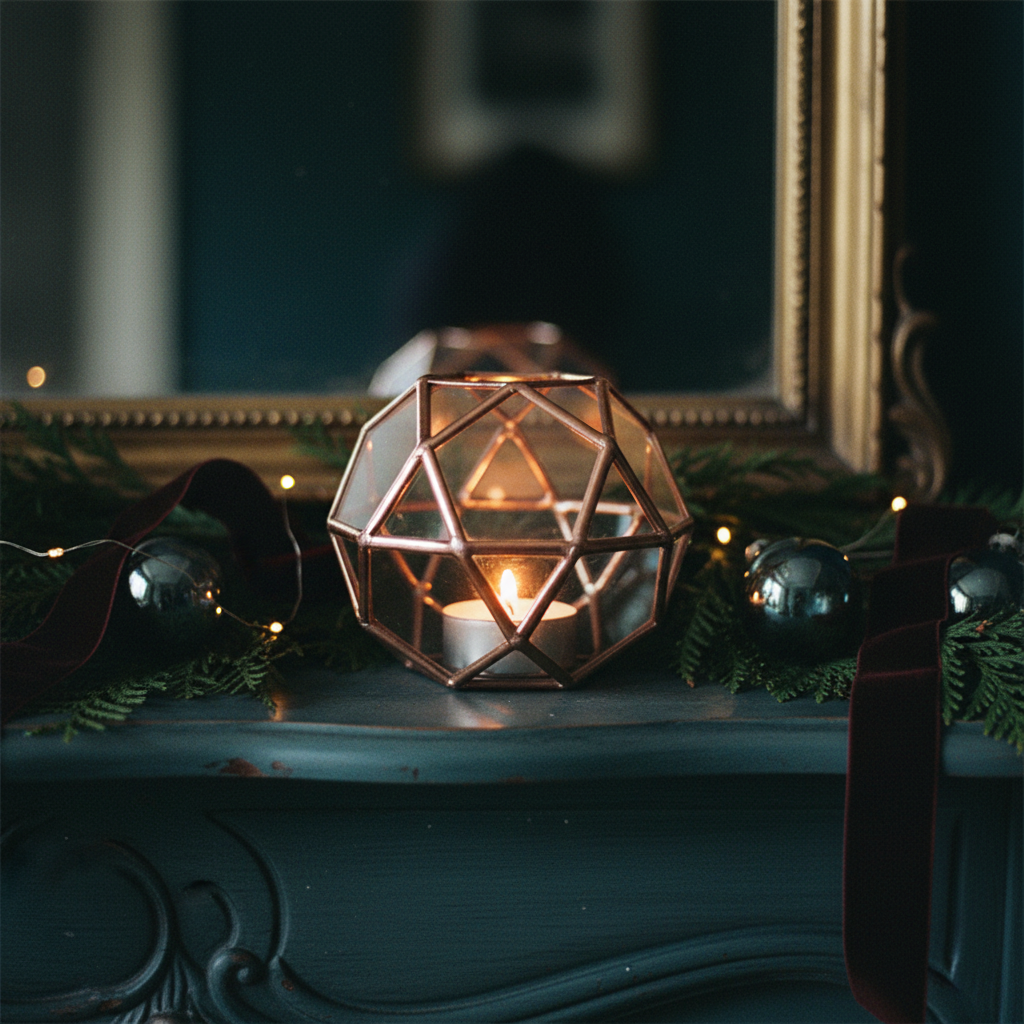 Geometric candle holder on midnight teal mantel