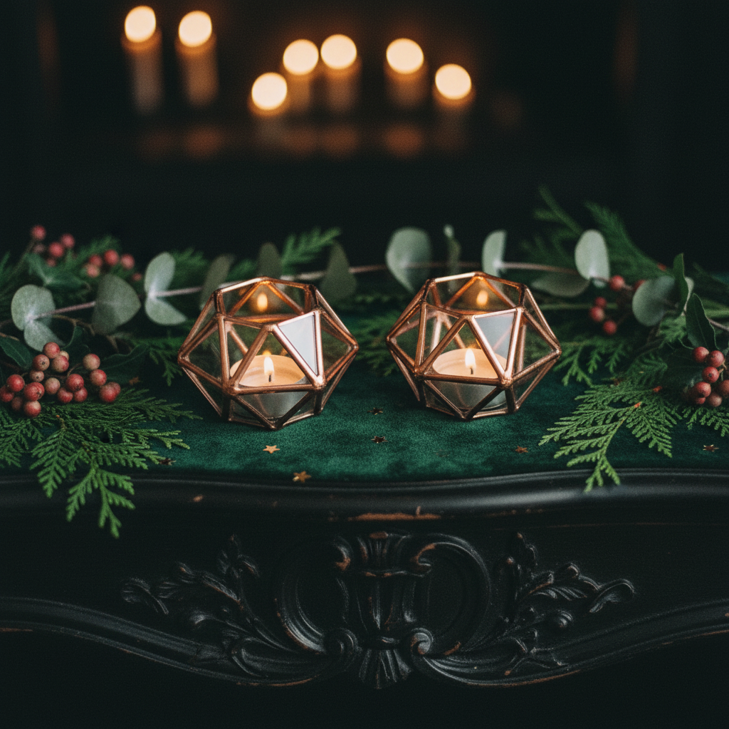 Geometric candle holder pair on forest velvet