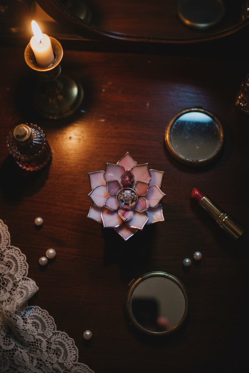 Stained Glass Flower Jewelry Holder • Vintage Vanity Decor • Victorian Style Ring Dish