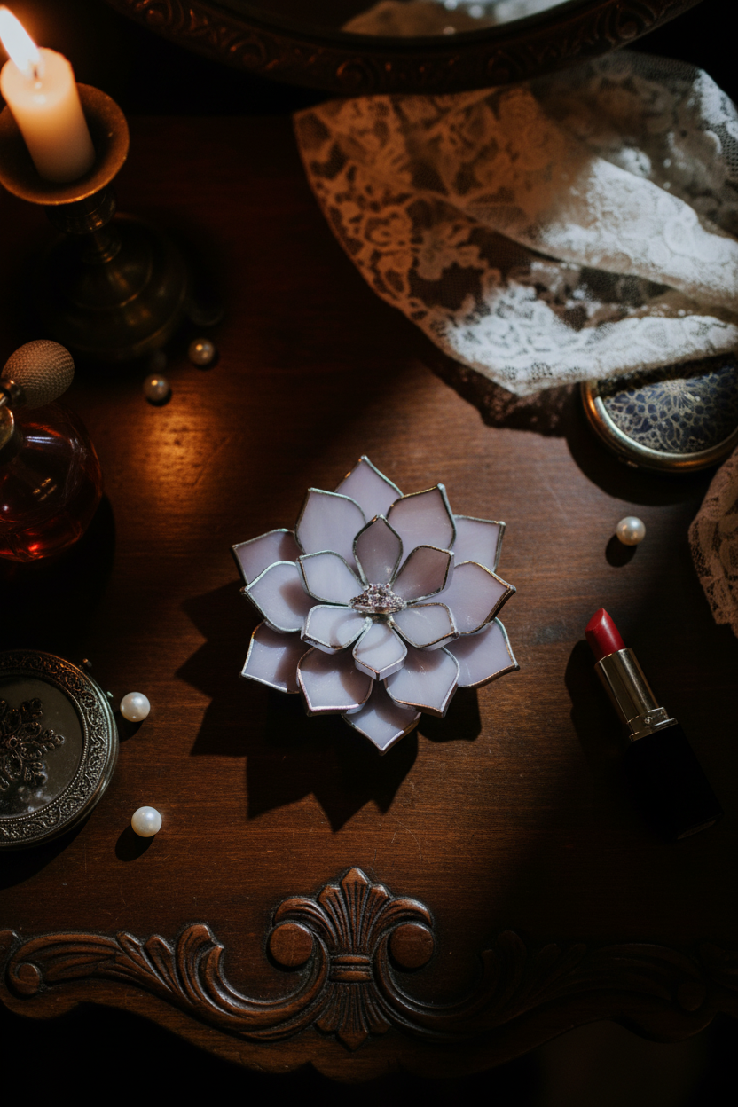 Flower shaped ring dish on a wooden surface with candles and jewelry